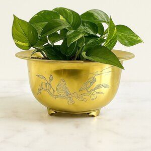 Vtg Etched Brass Bowl Birds Footed Dual-Sided Planter 1960s Decor MCM 3.5"T 6"D